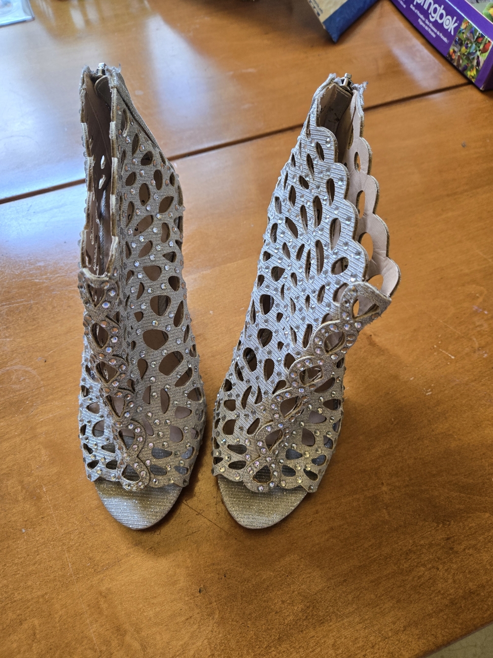 Zigi Soho Taupe Laser-Cut Peep-Toe Heels with Rhinestone Accents